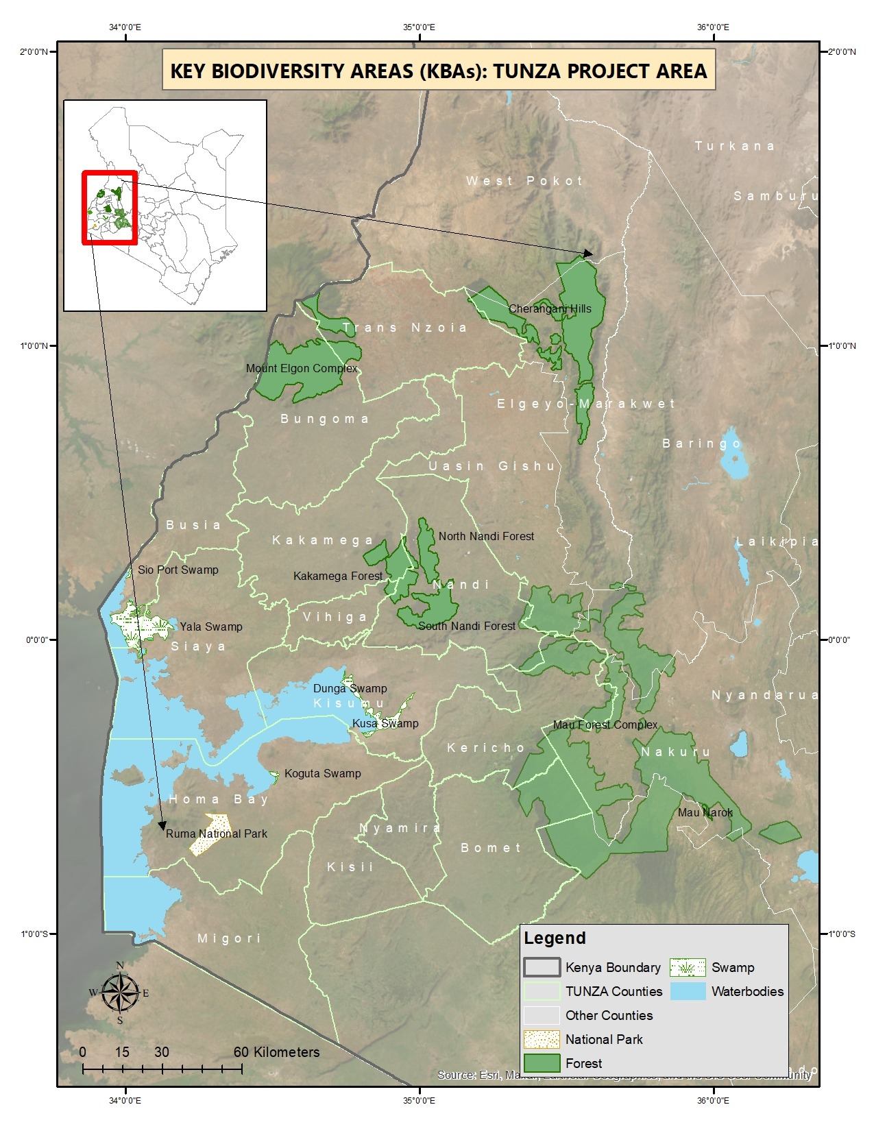 Map of key biodiversity areas in the TUNZA project area