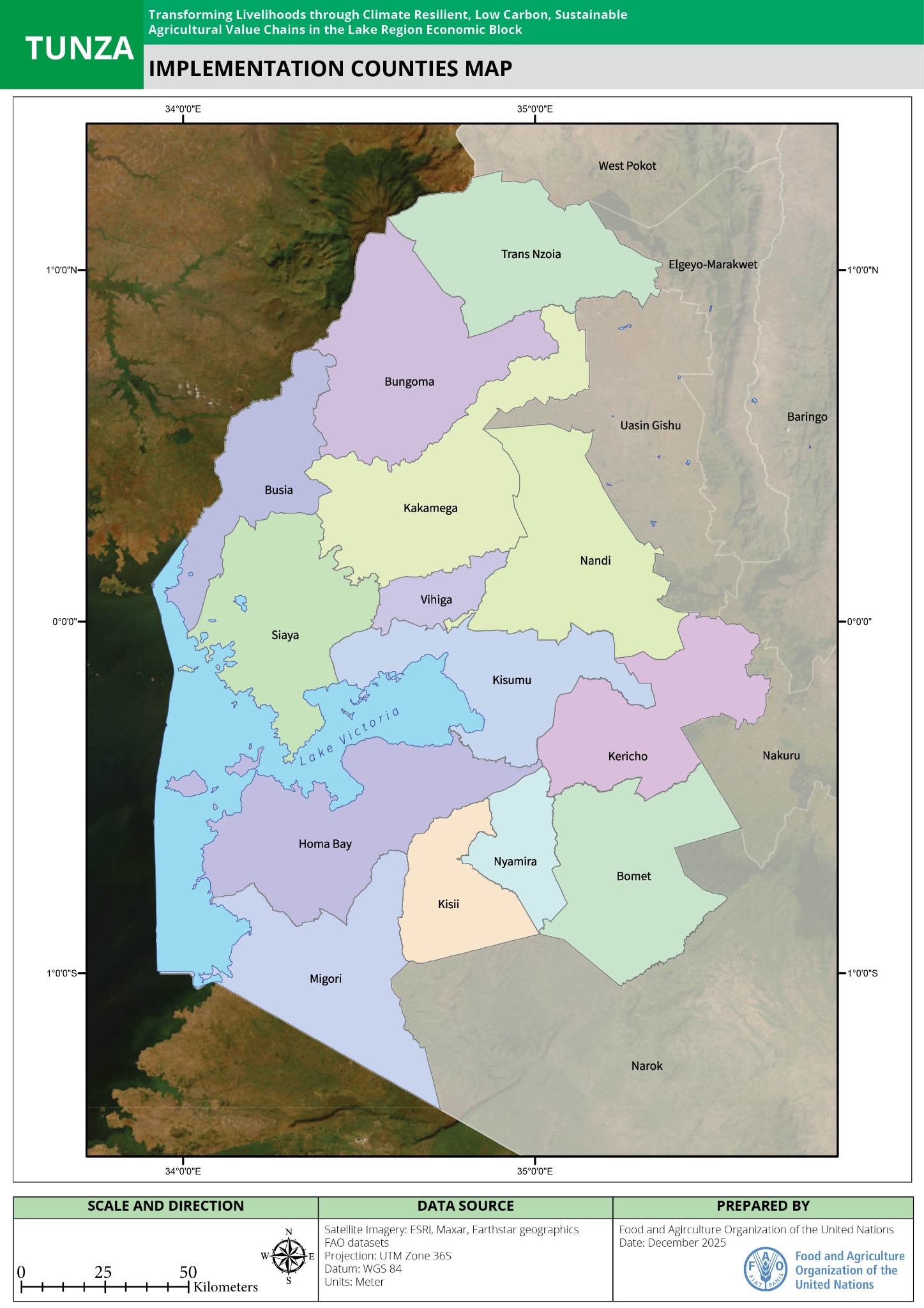 Map of the 14 TUNZA implementation counties