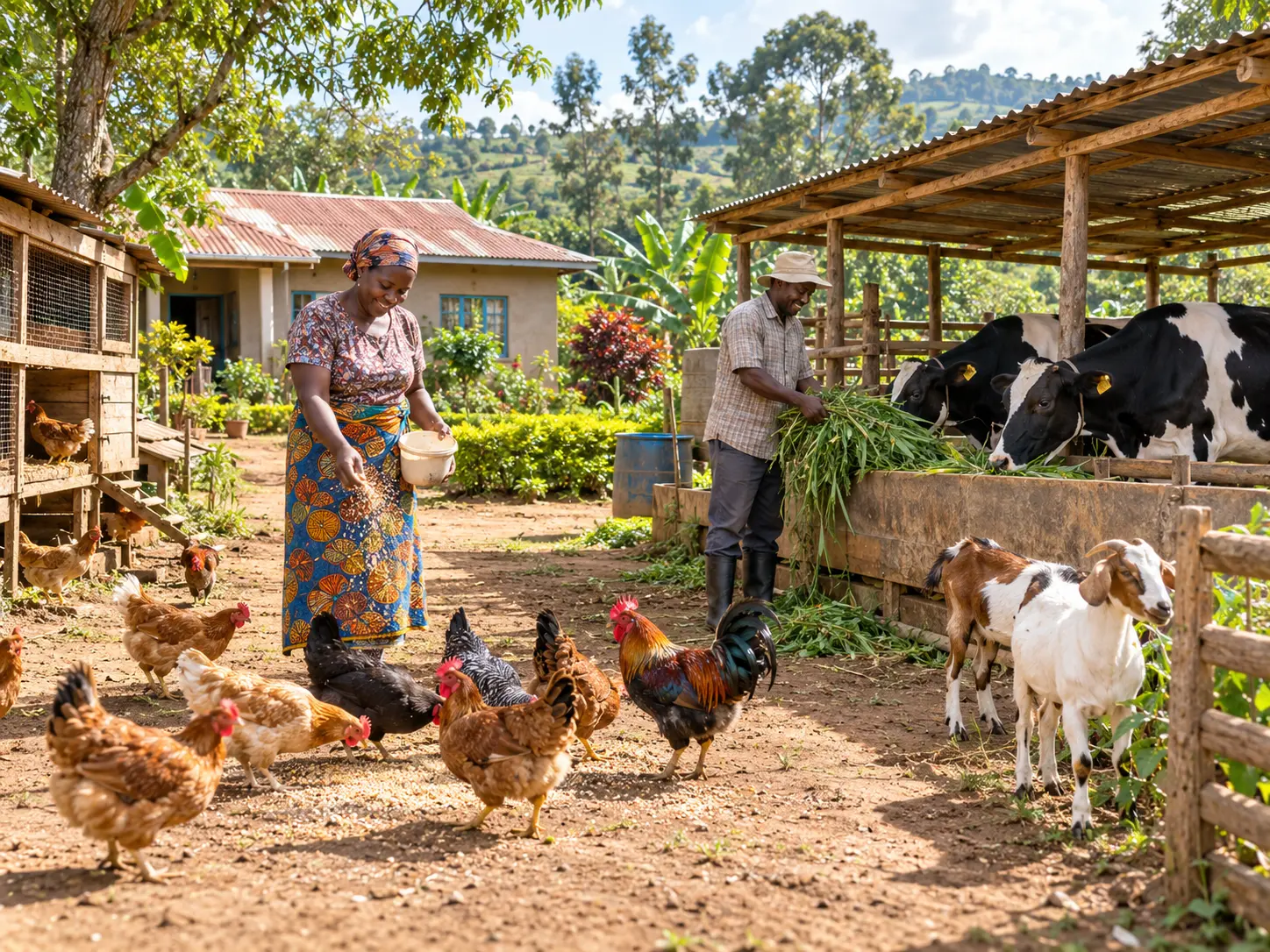 Illustrated farmyard with people, poultry, dairy cows and goats